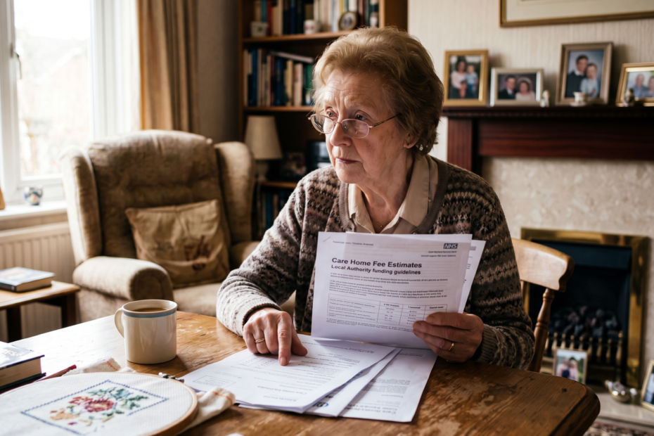 Elderly person receiving care and support at home while discussing future care funding concerns with a family member