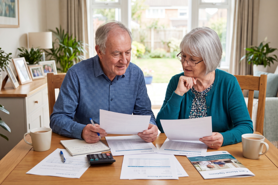 Senior couple reviewing financial documents and care planning information while discussing future elderly care costs at home.
