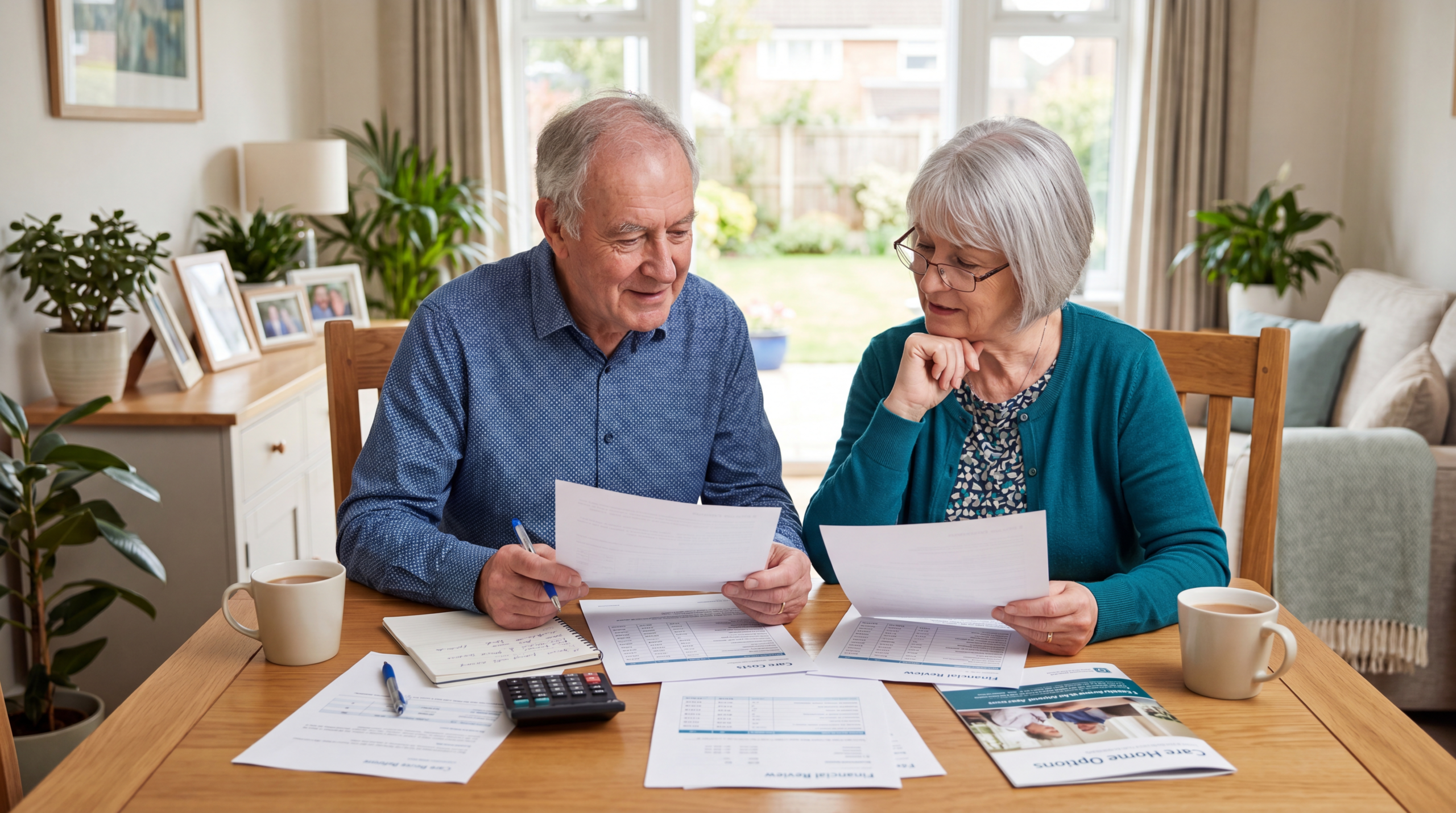 Senior couple reviewing financial documents and care planning information while discussing future elderly care costs at home.