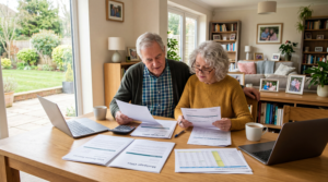 Retired couple reviewing mortgage and financial planning documents at their kitchen table while discussing later-life borrowing options.