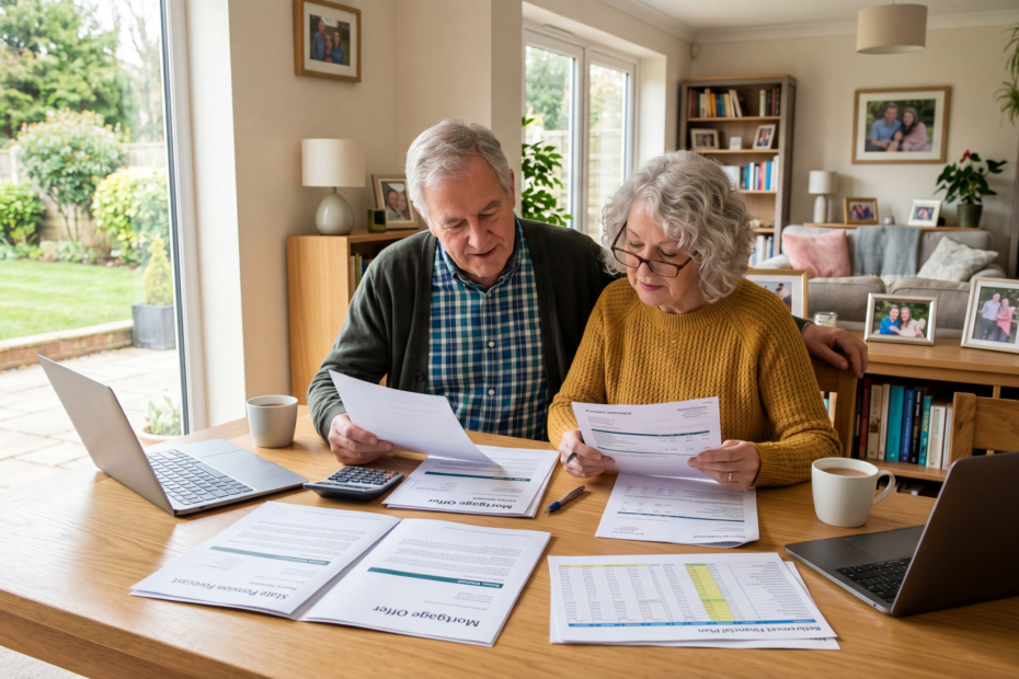 Retired couple reviewing mortgage and financial planning documents at their kitchen table while discussing later-life borrowing options.