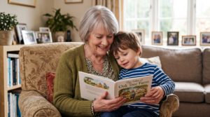 Grandparent playing with a young grandchild at home while helping with childcare and supporting the family's future
