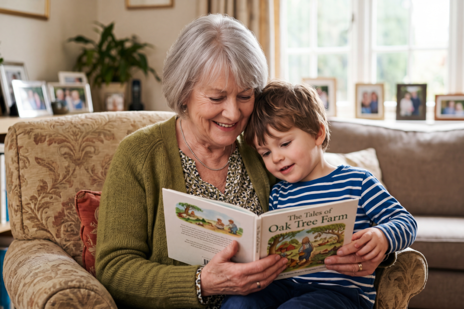 Grandparent playing with a young grandchild at home while helping with childcare and supporting the family's future