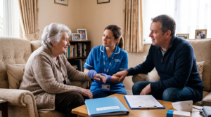 Older adult receiving professional care at home while discussing NHS Continuing Healthcare support with a healthcare professional