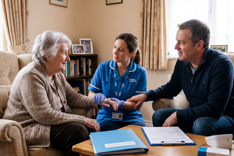 Older adult receiving professional care at home while discussing NHS Continuing Healthcare support with a healthcare professional
