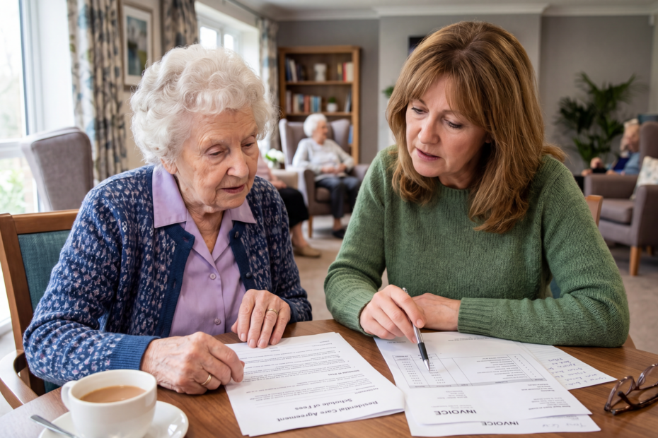 Elderly resident and family member reviewing care home contract documents and discussing unexpected fees with concern