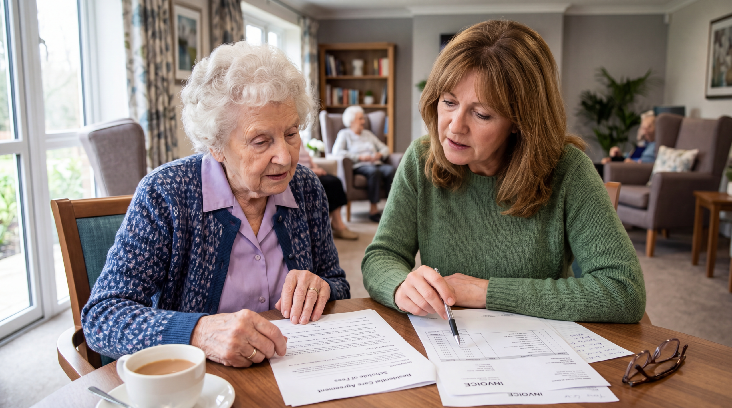 Elderly resident and family member reviewing care home contract documents and discussing unexpected fees with concern