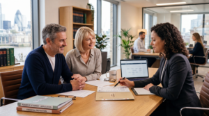Elderly couple discussing legal documents with a solicitor, focusing on Lasting Power of Attorney and financial protection planning