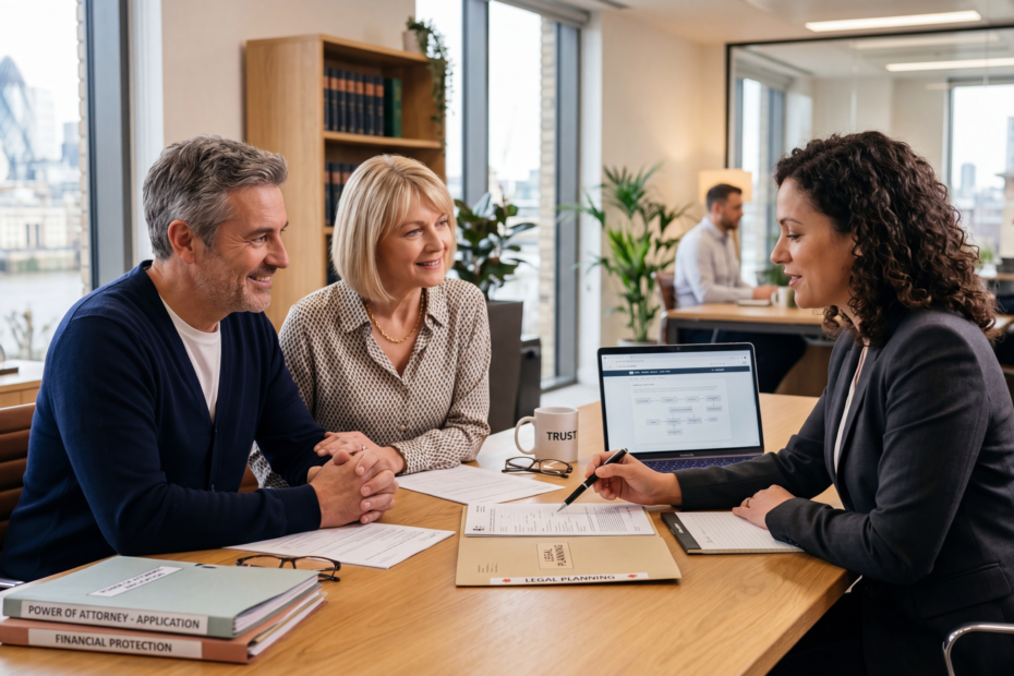 Elderly couple discussing legal documents with a solicitor, focusing on Lasting Power of Attorney and financial protection planning