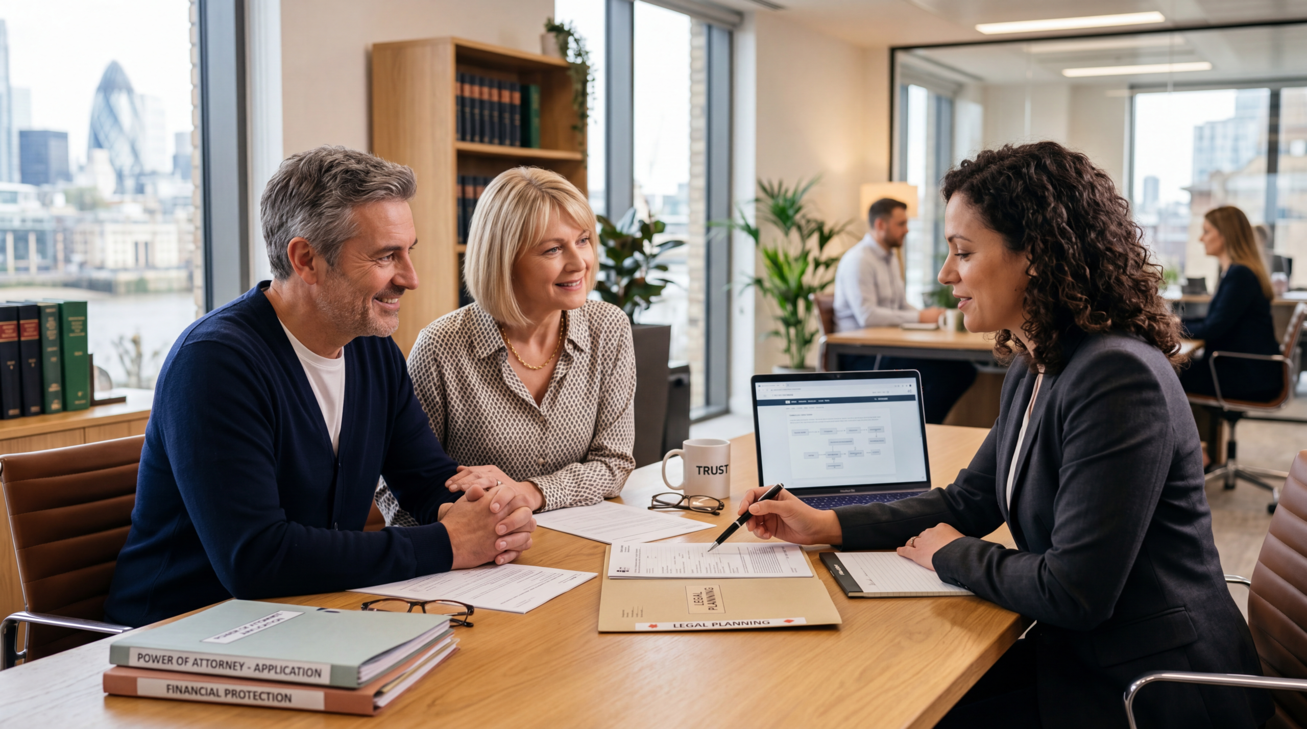 Elderly couple discussing legal documents with a solicitor, focusing on Lasting Power of Attorney and financial protection planning