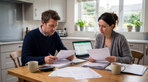 Separated couple reviewing mortgage documents at home while discussing property ownership and financial responsibilities