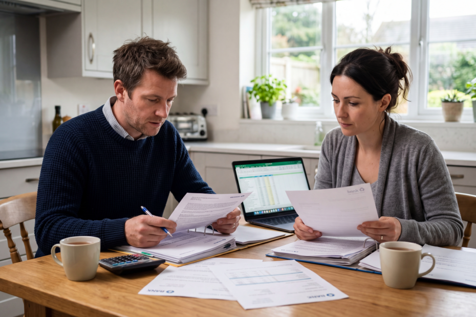 Separated couple reviewing mortgage documents at home while discussing property ownership and financial responsibilities