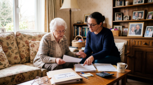 Adult daughter helping elderly mother review care home funding documents in a family home before sale