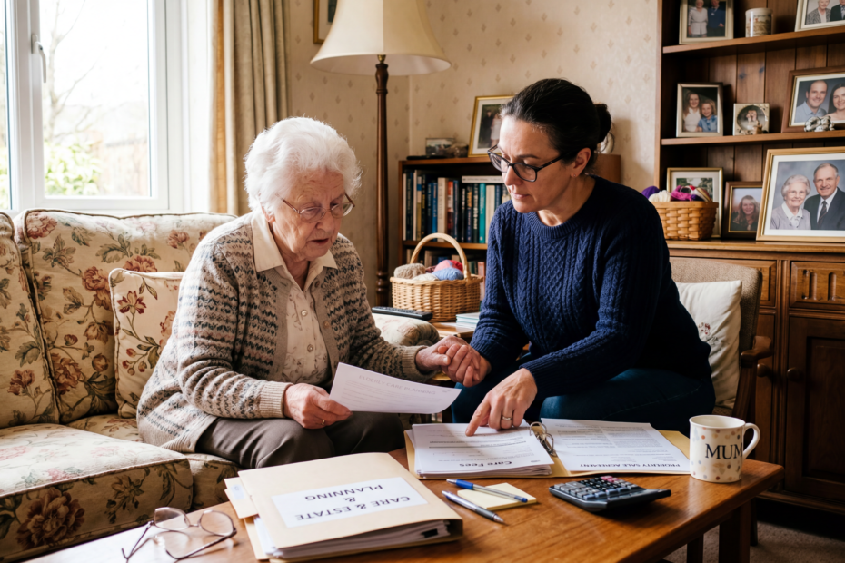 Adult daughter helping elderly mother review care home funding documents in a family home before sale