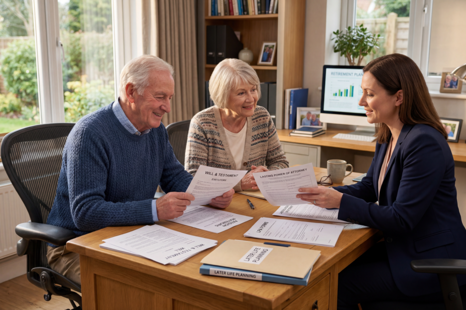 Elderly couple discussing later-life planning checklist with adviser reviewing wills, pensions, and legal documents