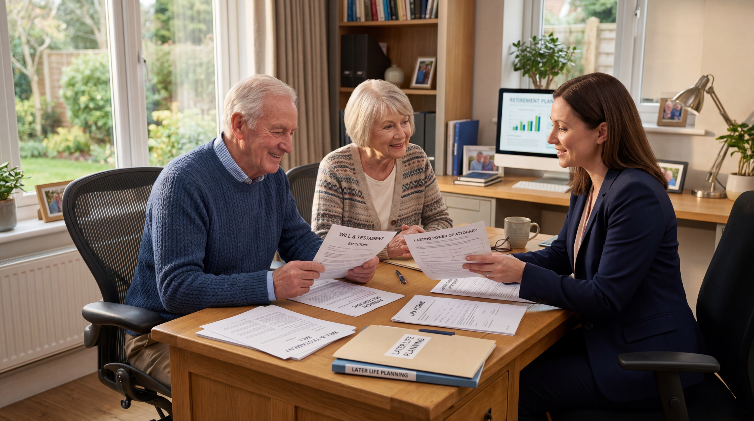 Elderly couple discussing later-life planning checklist with adviser reviewing wills, pensions, and legal documents