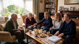 Family having calm conversation about estate planning with elderly parents in a home setting