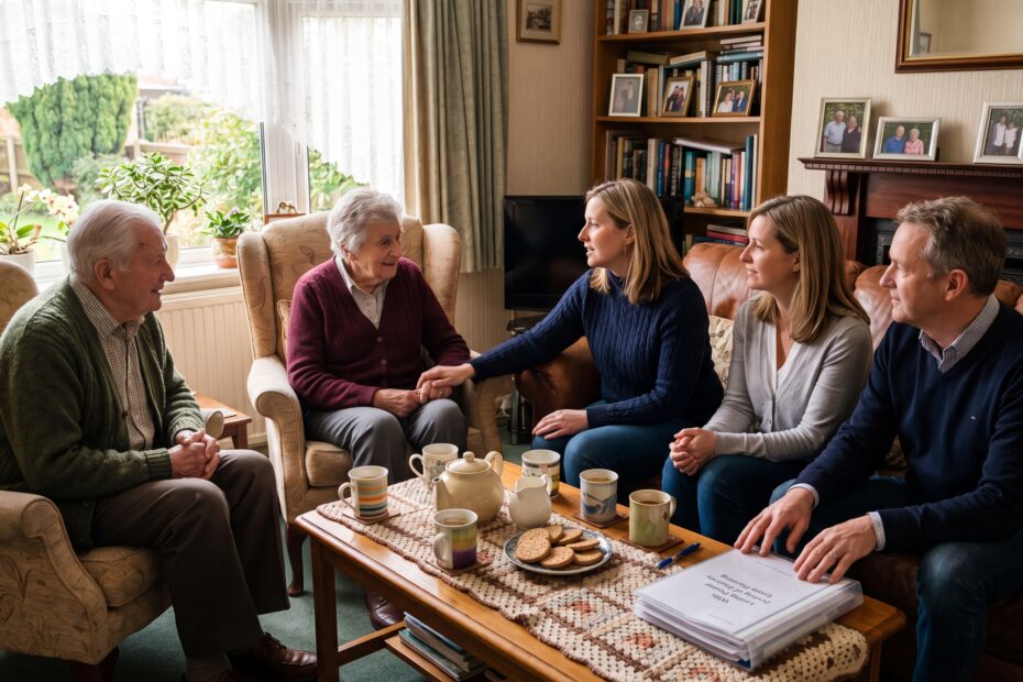 Family having calm conversation about estate planning with elderly parents in a home setting