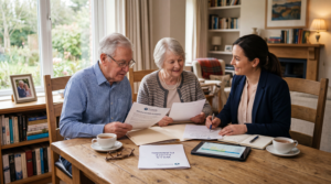 Elderly person signing legal will documents with solicitor guidance