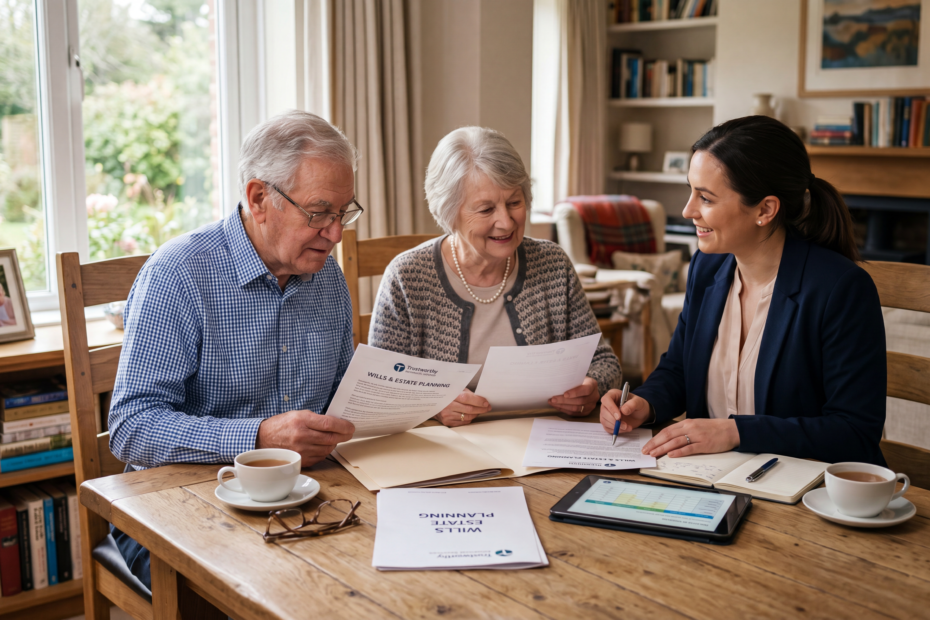Elderly person signing legal will documents with solicitor guidance