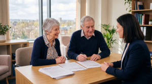 Elderly couple discussing a Lasting Power of Attorney document with a professional adviser in a modern home setting