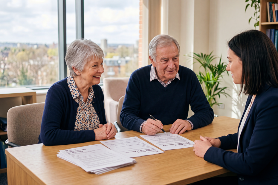 Elderly couple discussing a Lasting Power of Attorney document with a professional adviser in a modern home setting