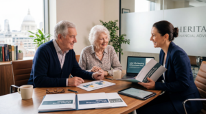 Older couple discussing care home costs and future planning with a financial adviser in the UK