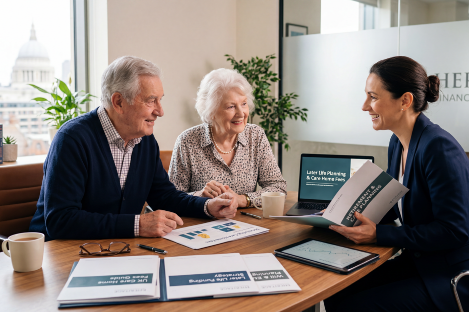 Older couple discussing care home costs and future planning with a financial adviser in the UK