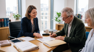 Older adult signing a will with a legal adviser in a bright, modern office in the UK