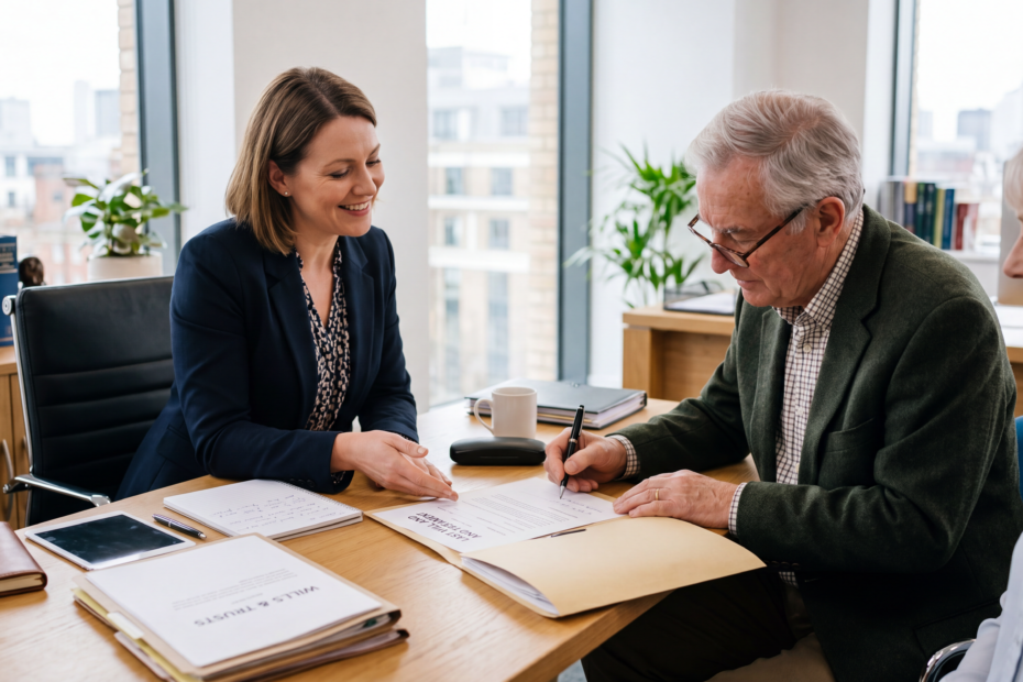 Older adult signing a will with a legal adviser in a bright, modern office in the UK