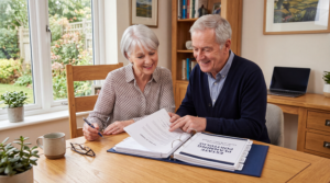 Organised estate planning folder containing a will, power of attorney, insurance papers, and financial documents on a desk