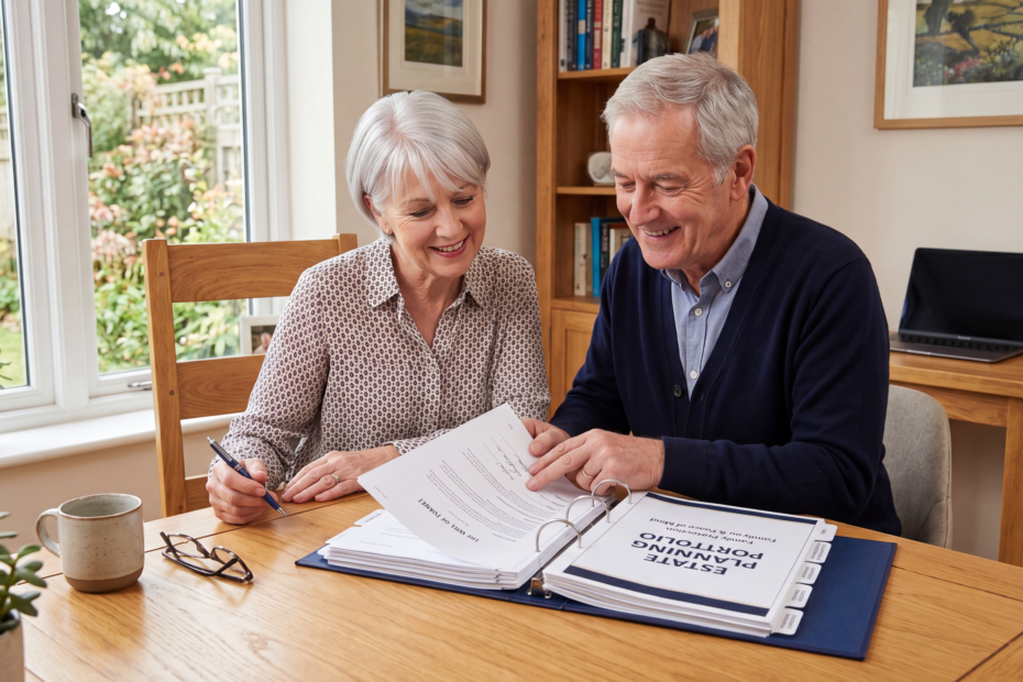 Organised estate planning folder containing a will, power of attorney, insurance papers, and financial documents on a desk