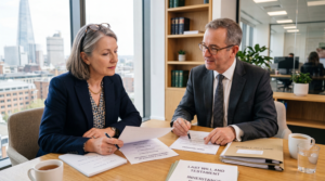 Older adult reviewing estate planning documents with a solicitor in a modern UK office, discussing inheritance planning without children