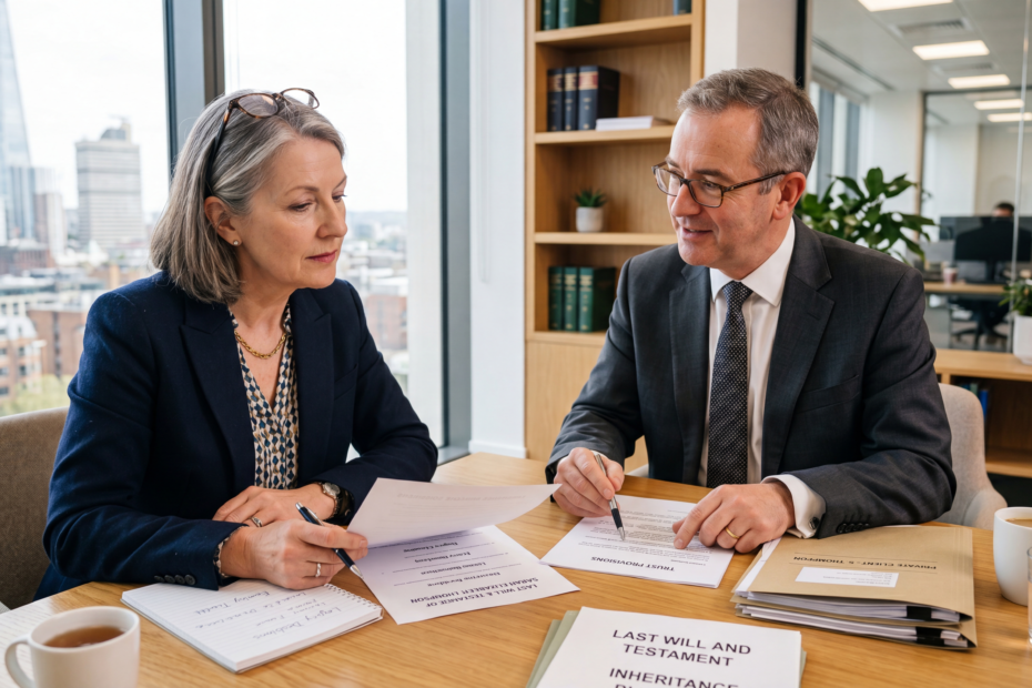 Older adult reviewing estate planning documents with a solicitor in a modern UK office, discussing inheritance planning without children