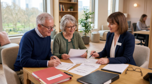 Older couple reviewing their will and estate planning documents with a solicitor in a modern office