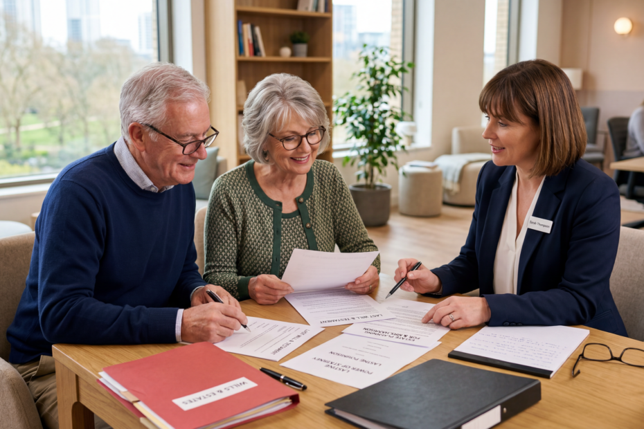 Older couple reviewing their will and estate planning documents with a solicitor in a modern office