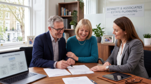 Married couple reviewing their will with an estate planning adviser after their wedding