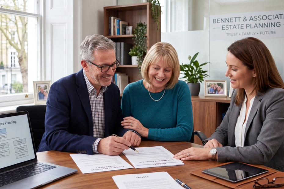 Married couple reviewing their will with an estate planning adviser after their wedding