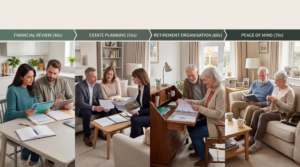 Estate planning timeline showing financial planning from your 40s through retirement and later life in the UK.