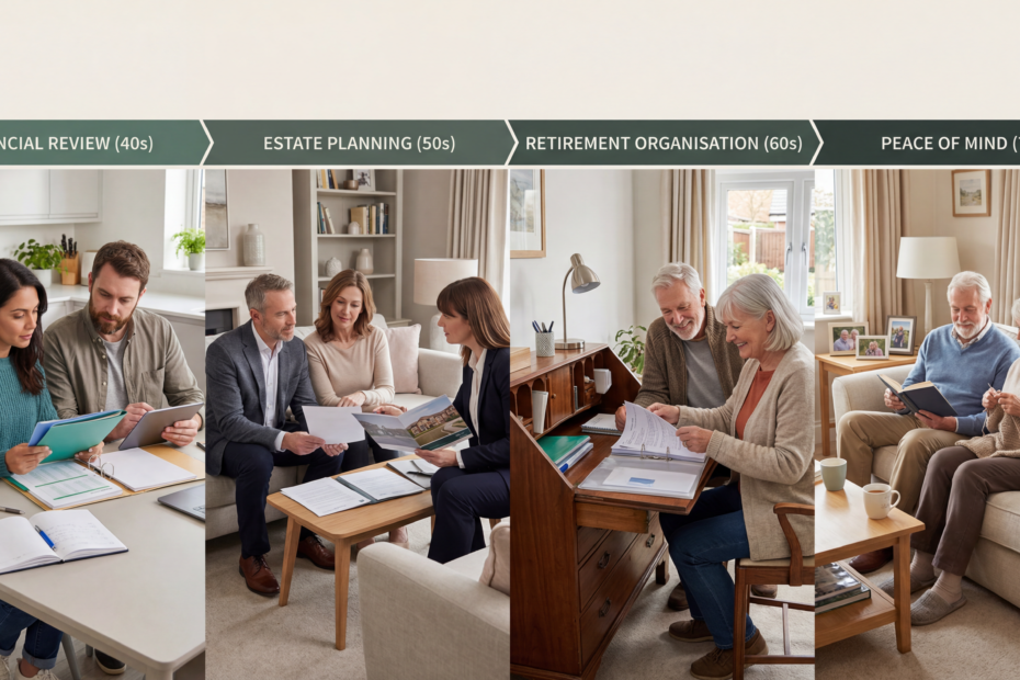 Estate planning timeline showing financial planning from your 40s through retirement and later life in the UK.