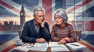 Older British couple looking concerned while reading financial and healthcare documents, with a subtle background of UK Parliament symbolizing political change and uncertainty around pensions, NHS, and social care