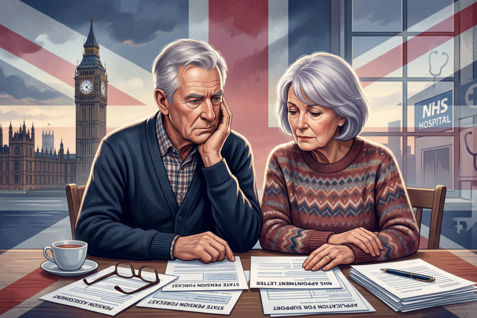 Older British couple looking concerned while reading financial and healthcare documents, with a subtle background of UK Parliament symbolizing political change and uncertainty around pensions, NHS, and social care
