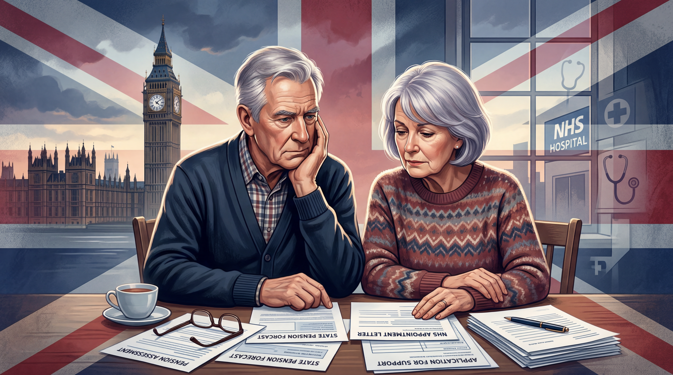 Older British couple looking concerned while reading financial and healthcare documents, with a subtle background of UK Parliament symbolizing political change and uncertainty around pensions, NHS, and social care