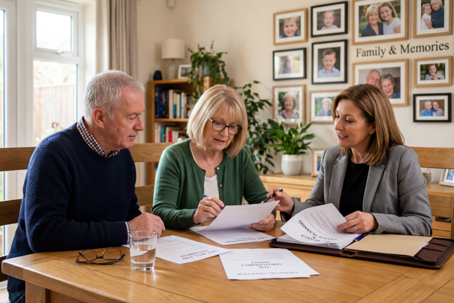 Mature couple discussing estate planning and inheritance arrangements for a second marriage with a professional adviser