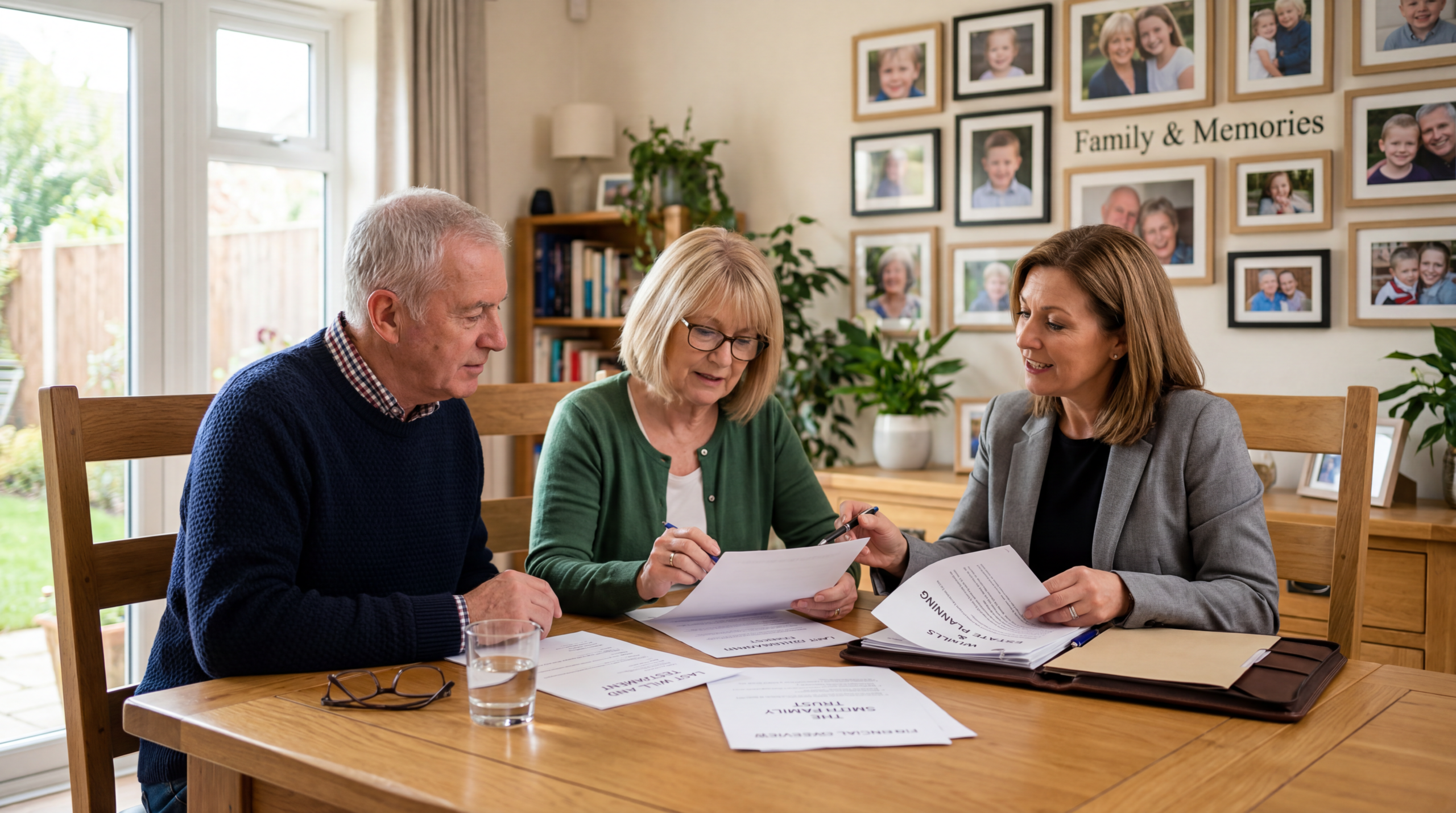 Mature couple discussing estate planning and inheritance arrangements for a second marriage with a professional adviser