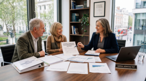 Estate planner explaining the 2027 inheritance tax and pension changes to a mature couple in the UK