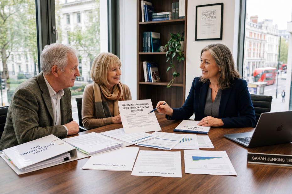 Estate planner explaining the 2027 inheritance tax and pension changes to a mature couple in the UK