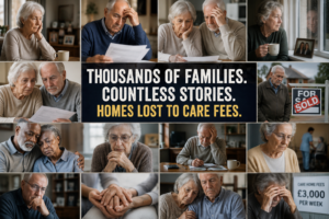 Collage of elderly people looking worried or distressed, representing UK families who have faced selling their homes or using life savings to pay long-term care fees.