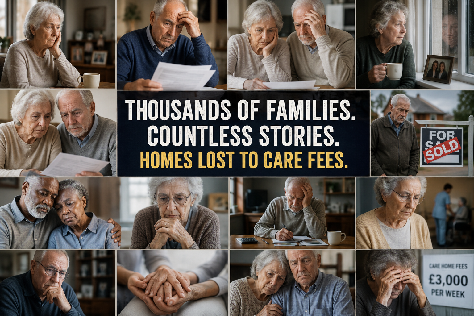 Collage of elderly people looking worried or distressed, representing UK families who have faced selling their homes or using life savings to pay long-term care fees.