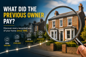 Illustration of a house being examined with a magnifying glass, representing the ability to discover a property's complete sales history and previous sale prices since 1995.